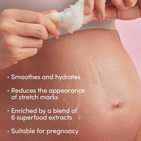 Evereden applied to pregnant belly showing full-coverage soothing benefit