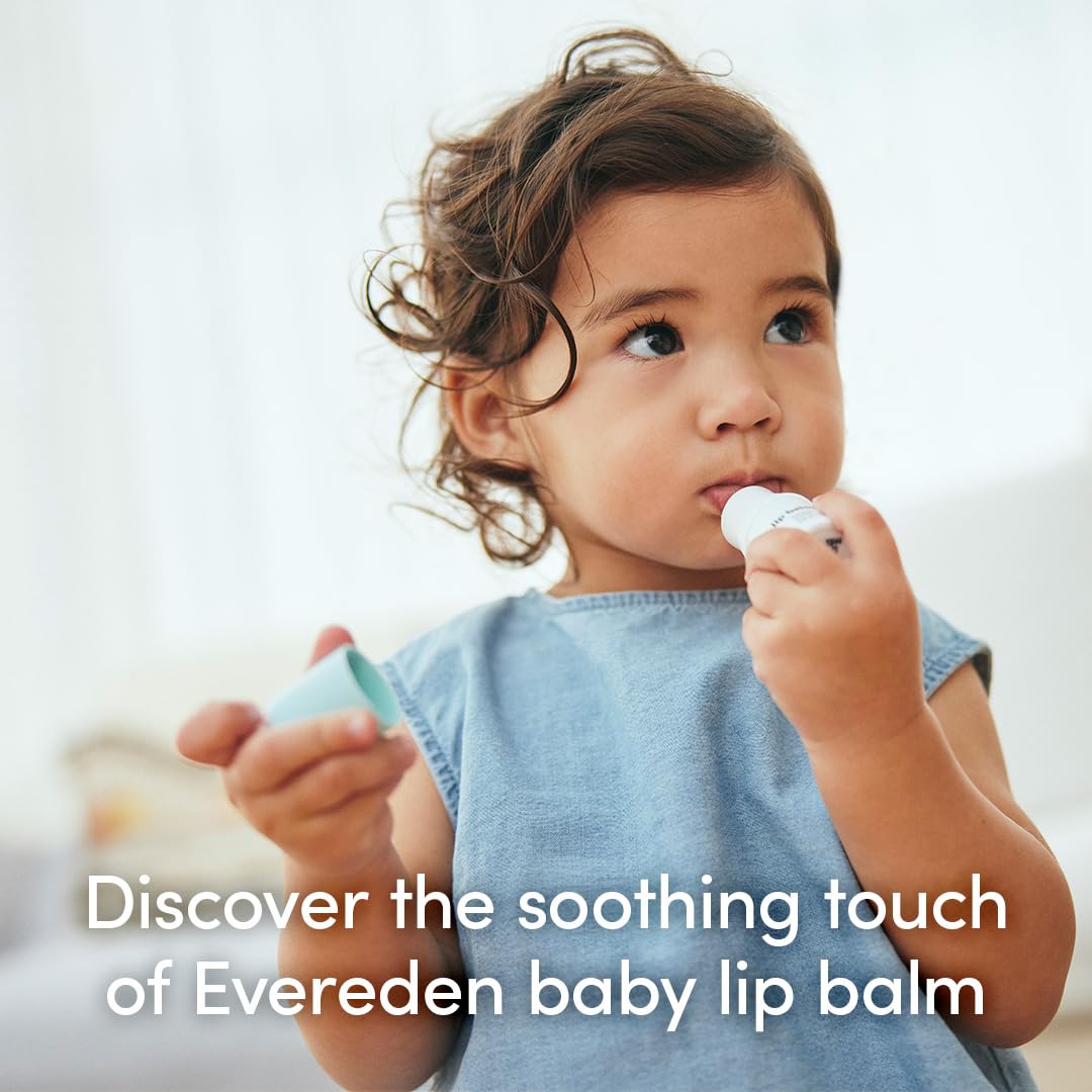 Evereden baby lip balm label detail showing farming-sourced ingredients and non-toxic claim