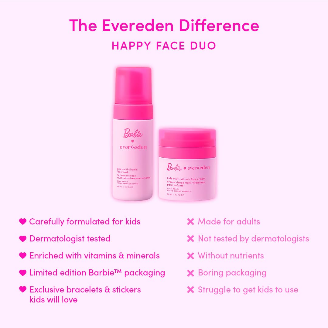 Child using Evereden Barbie face wash at sink, demonstrating easy gentle cleanse benefit