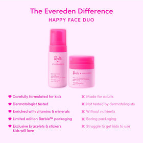 Child using Evereden Barbie face wash at sink, demonstrating easy gentle cleanse benefit
