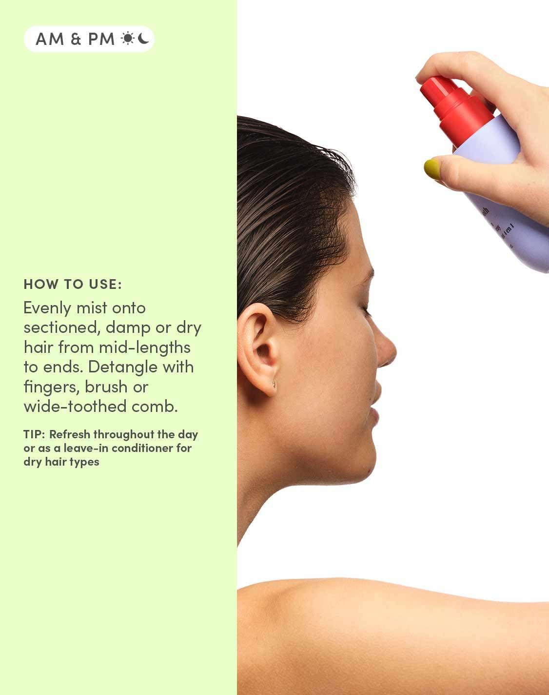 Evereden detangler texture mist spraying on hair, lightweight slip for easier brushing