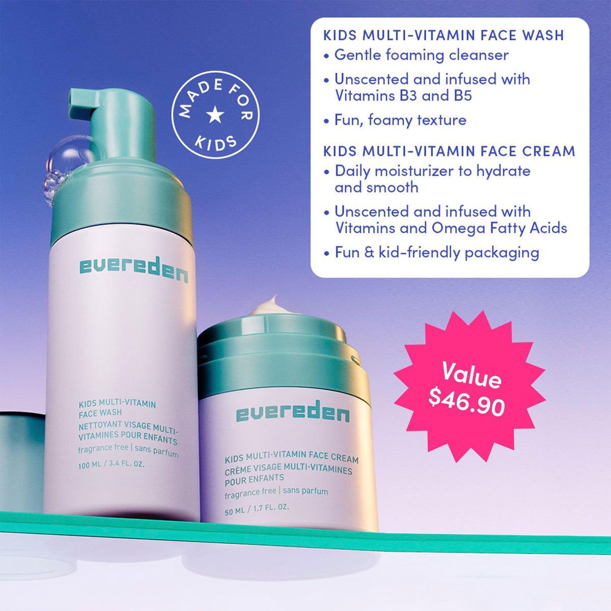 Evereden face wash pump close-up highlighting easy dispensing and kid-safe design