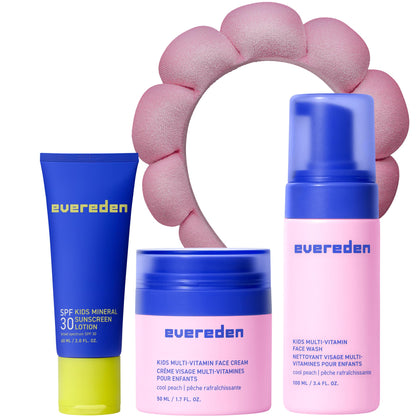 Evereden front packaging showing the full 1-2-3 routine set and cool peach scent benefit