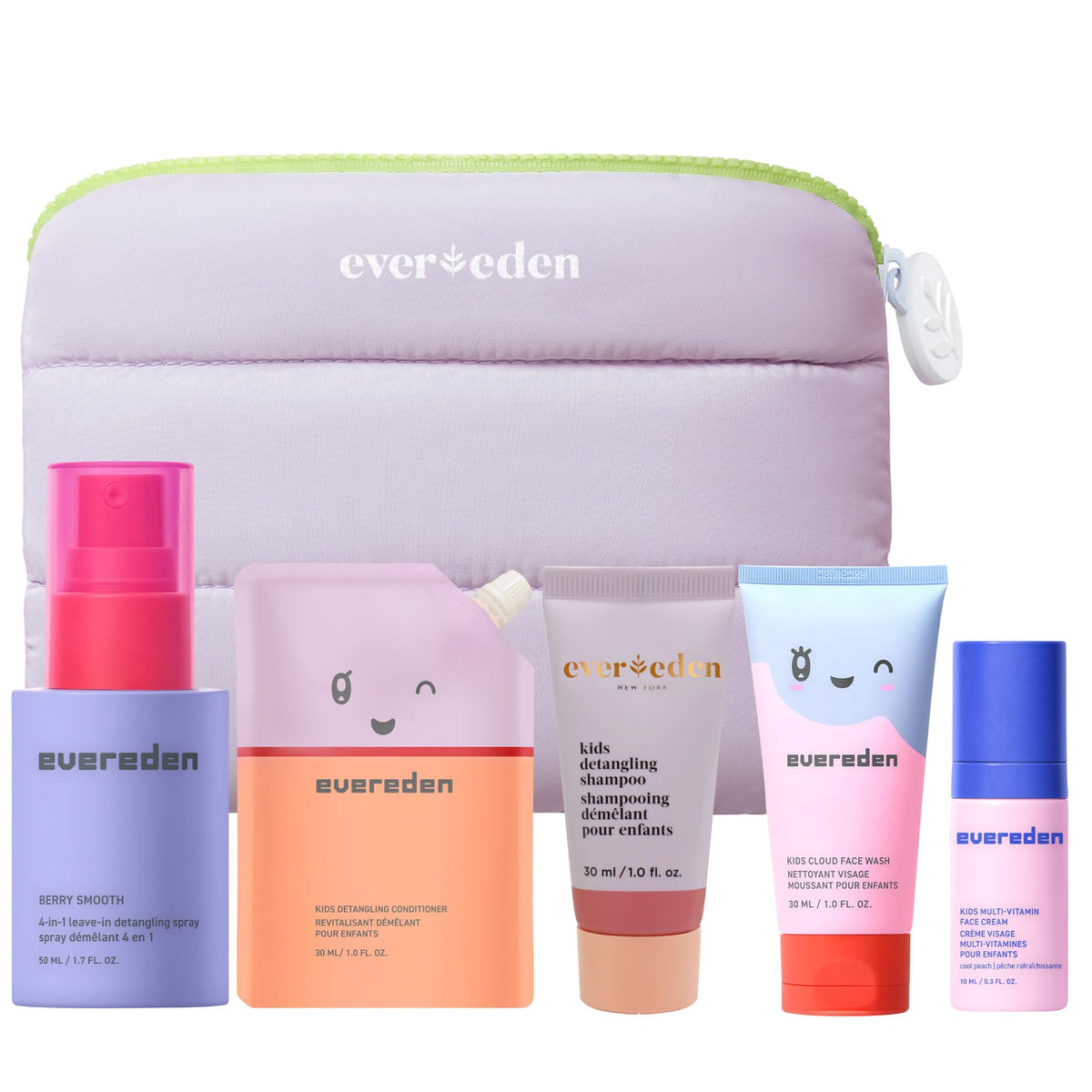 Evereden front packaging travel set showing all five items and bag benefits