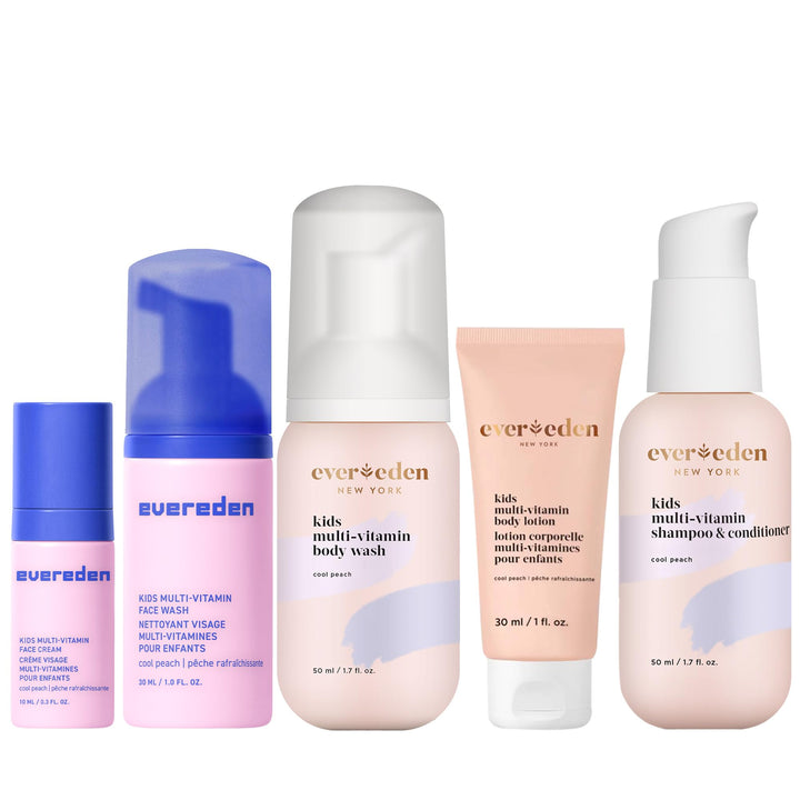 Evereden front packaging travel set showing all five TSA-friendly bottles for easy packing