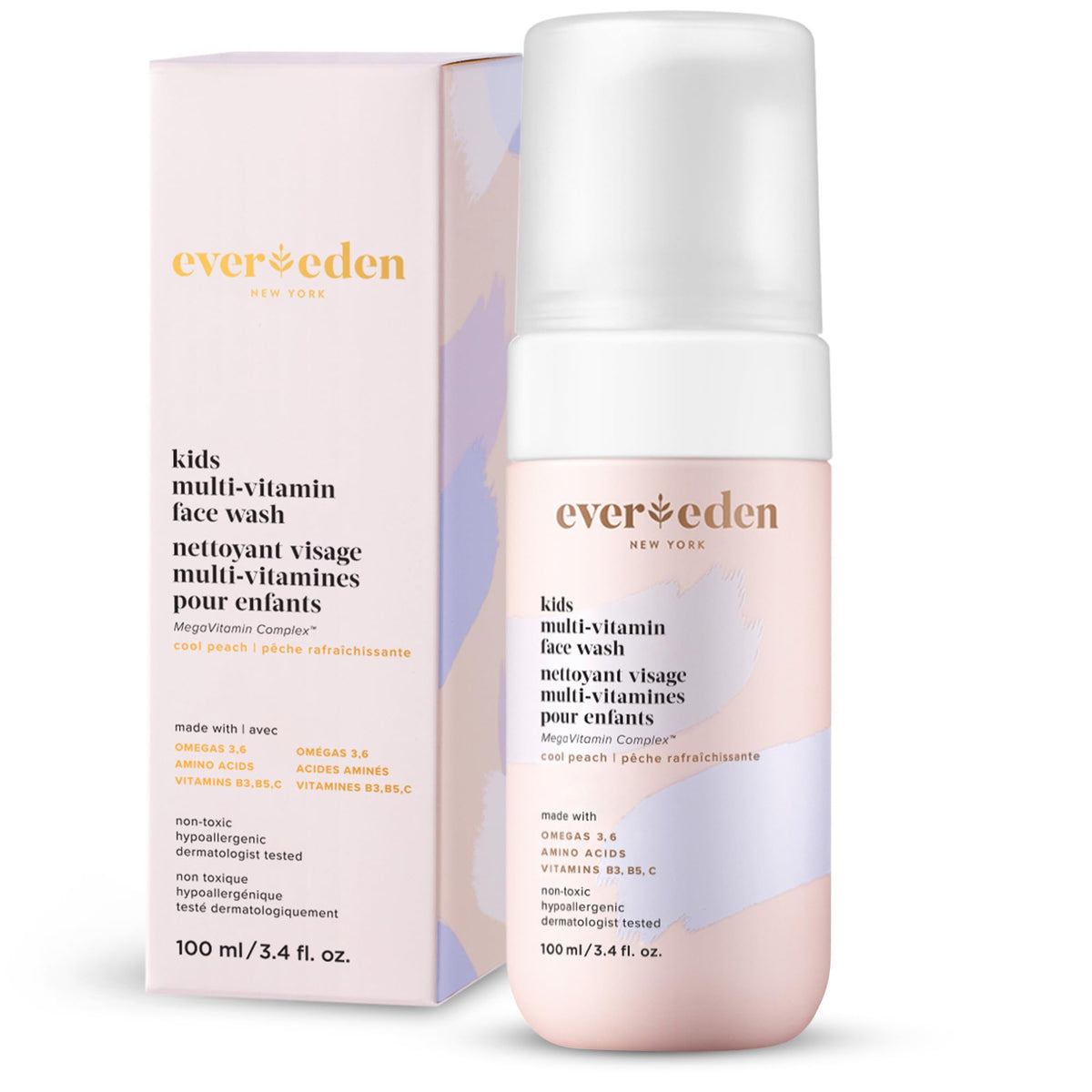 Evereden front packaging showing bottle and cool peach label, indicates gentle cleanse