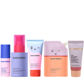 Evereden travel set front view showing all five mini bottles and packaging benefits