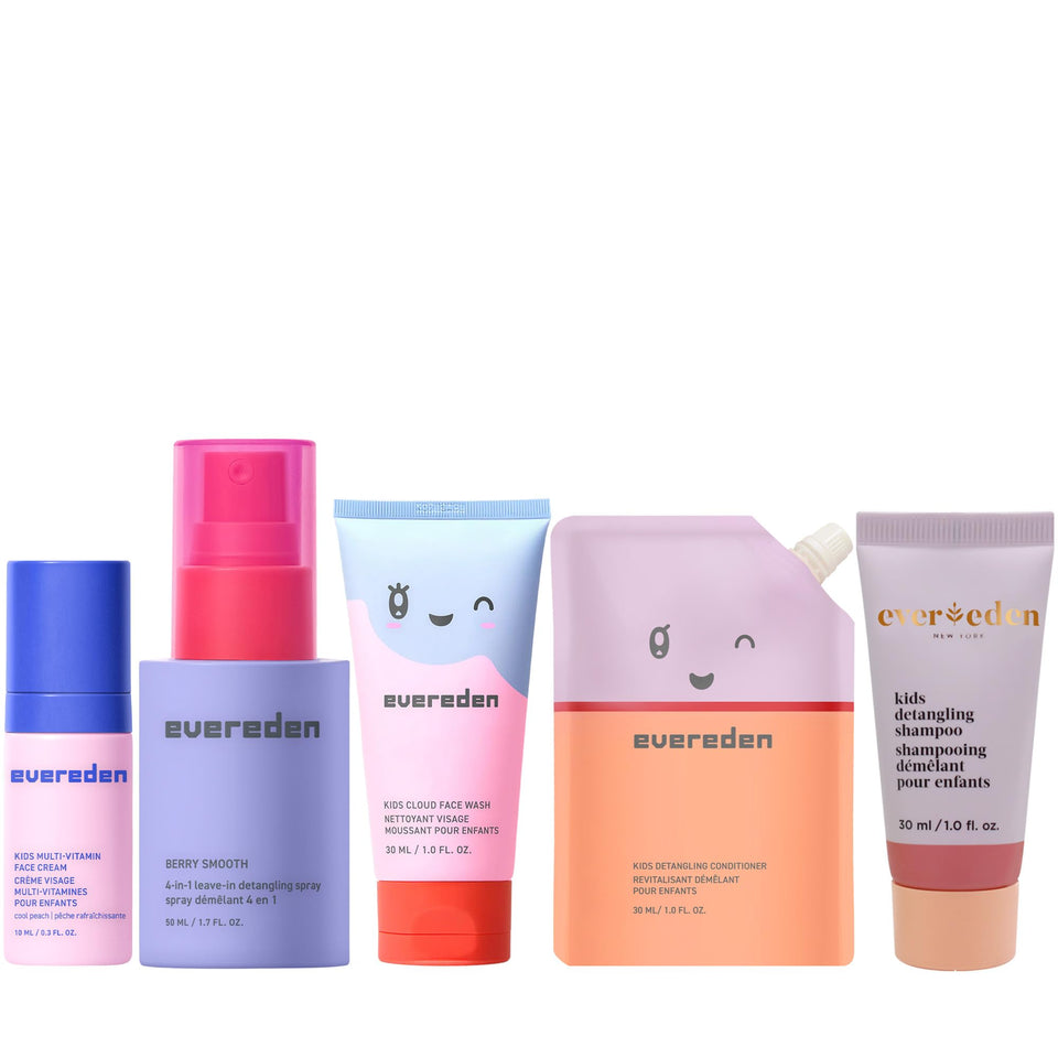 Evereden travel set front view showing all five mini bottles and packaging benefits