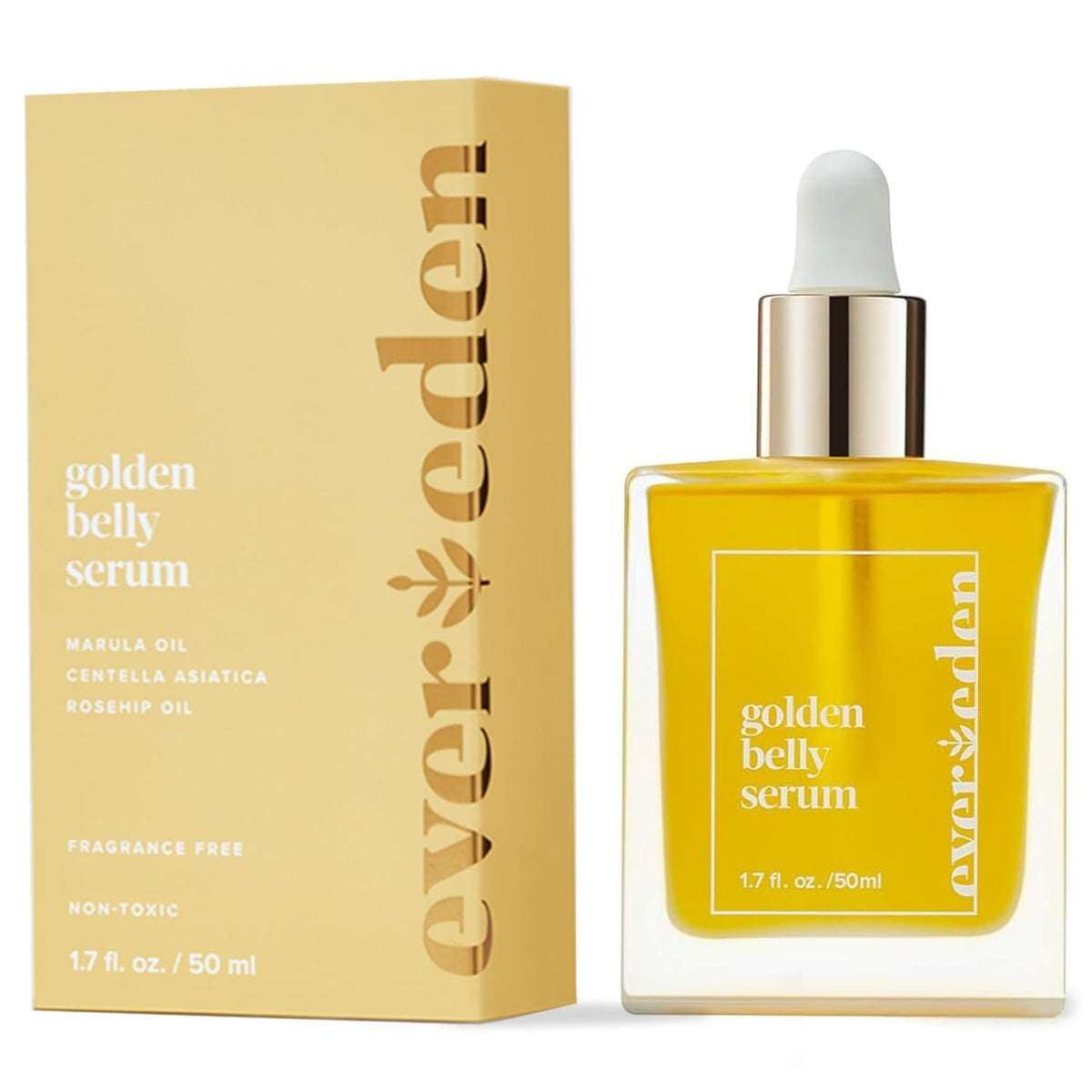 Evereden bottle front packaging showing clean belly oil benefits