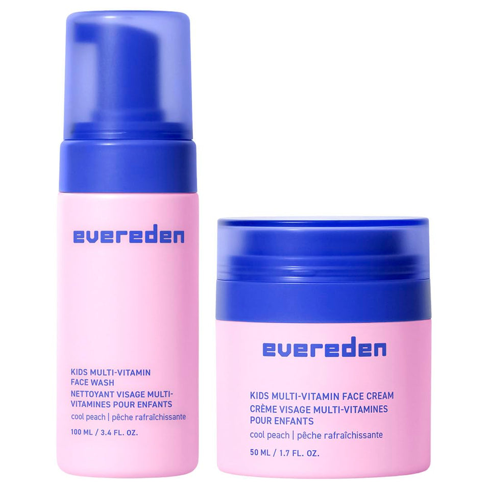 Evereden front packaging of the duo showing bottles and Cool Peach color, gentle routine benefit