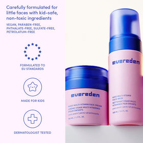 Child using Evereden face wash at sink, playful routine and effective cleansing benefit