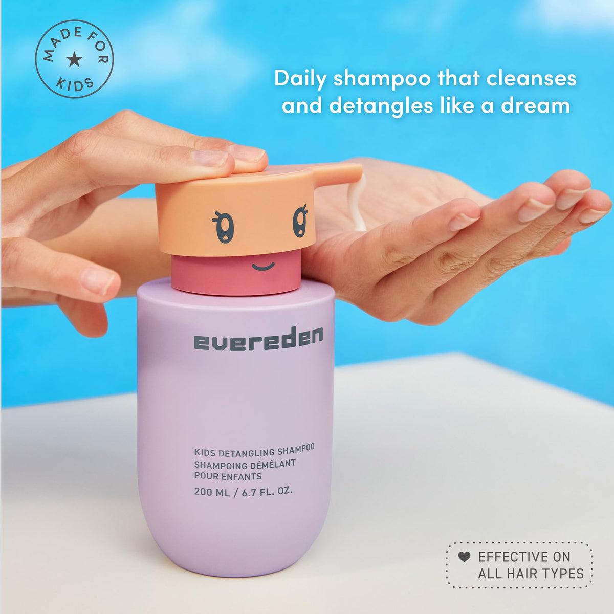 Evereden bottle pump dispensing shampoo demonstrating easy one-hand use