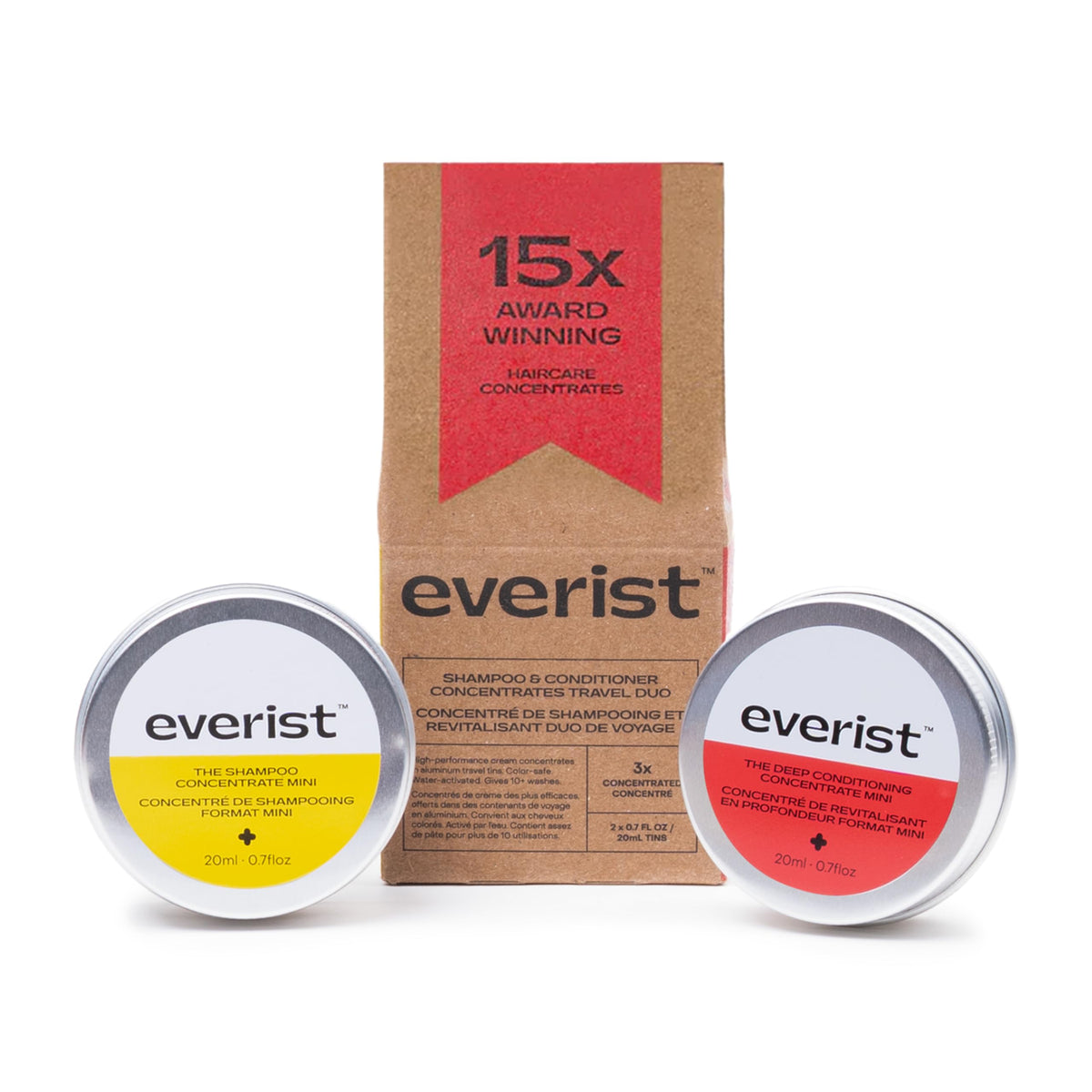 Everist travel duo front packaging shows compact bottles and benefits