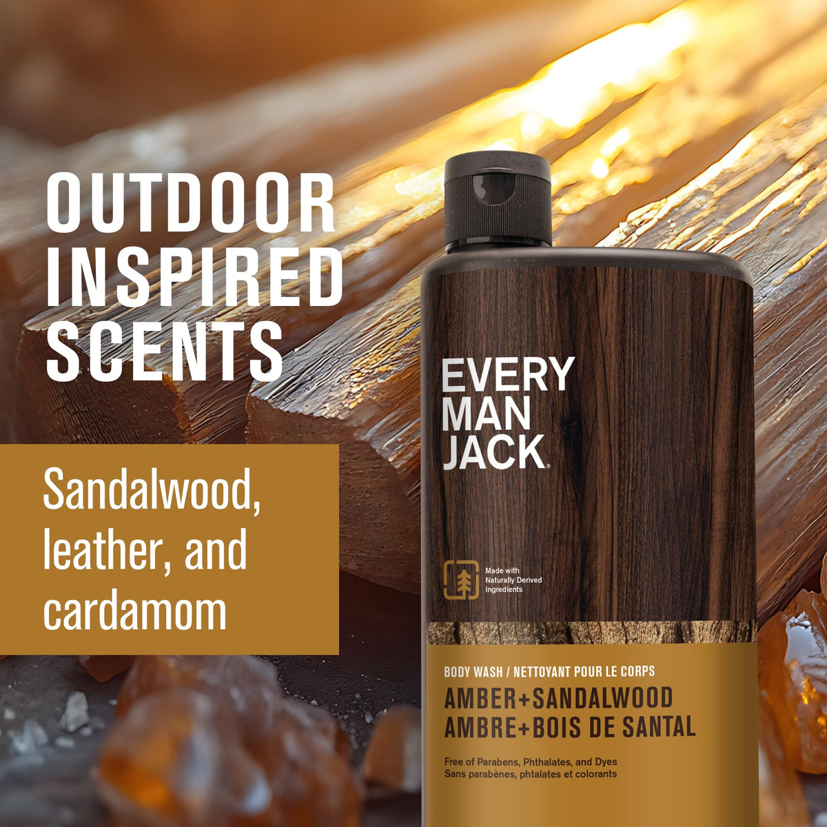 Every Man Jack label detail highlighting scent notes and naturally derived benefit