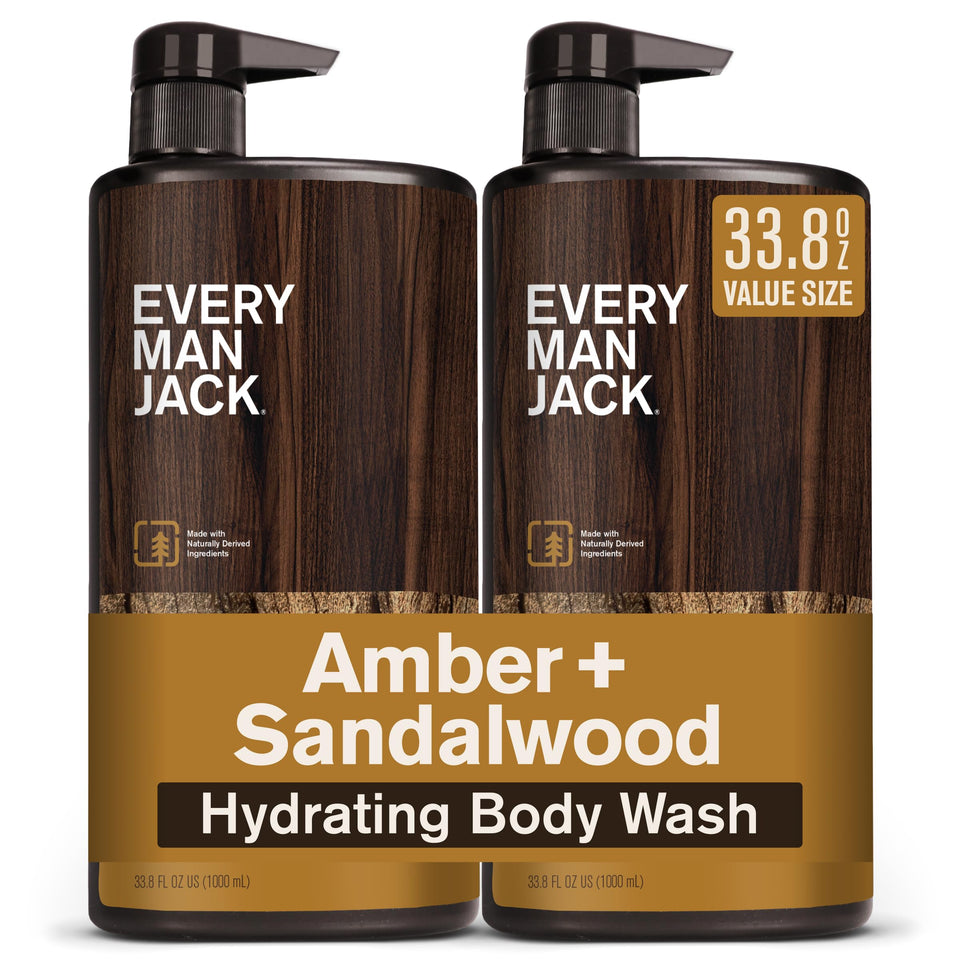 Every Man Jack front packaging showing amber and sandalwood scent, clear benefits