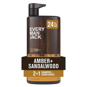 Every Man Jack front bottle view showing amber sandalwood scent and clear labeling benefit