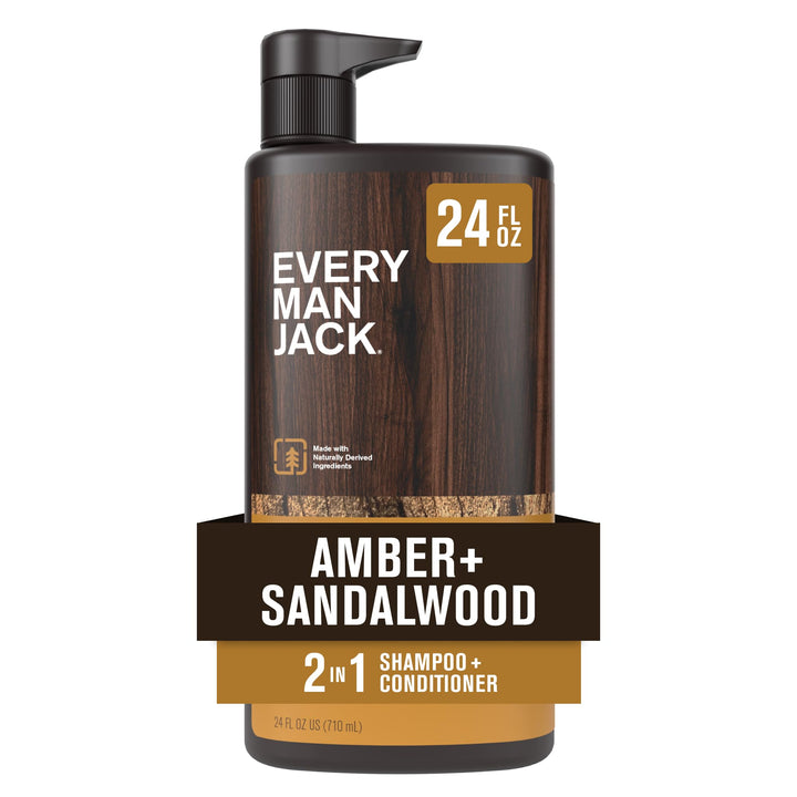 Every Man Jack front bottle view showing amber sandalwood scent and clear labeling benefit