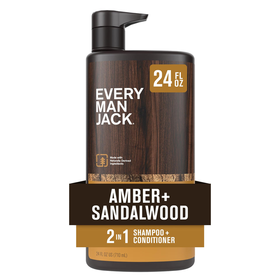 Every Man Jack front bottle view showing amber sandalwood scent and clear labeling benefit