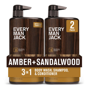 Every Man Jack front packaging showing amber and sandalwood scent and product benefit