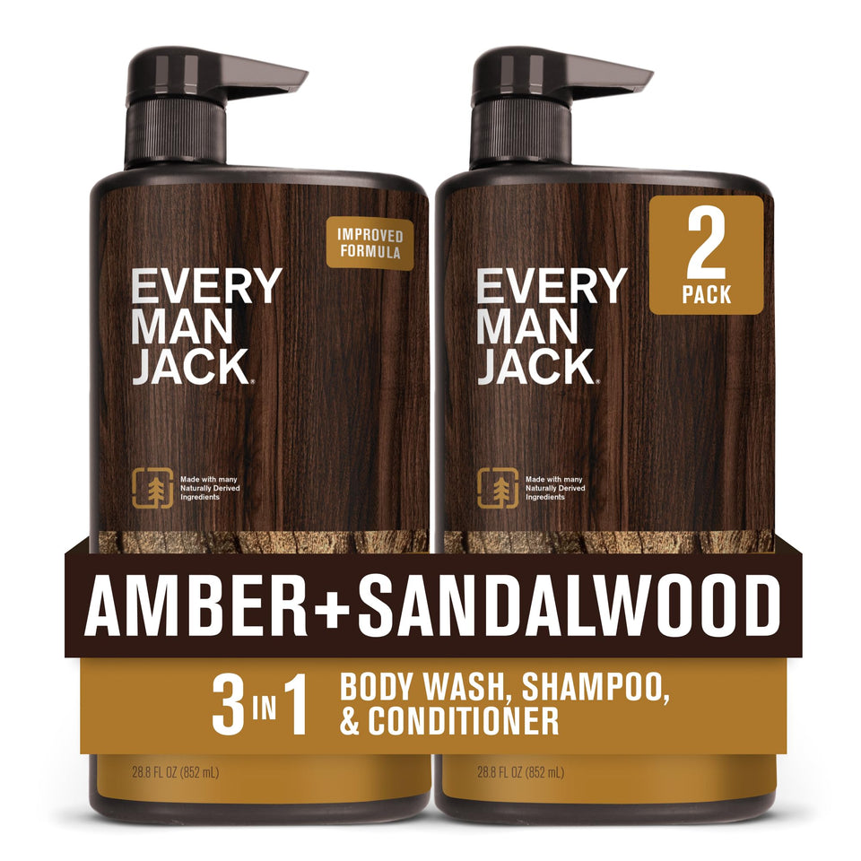 Every Man Jack front packaging showing amber and sandalwood scent and product benefit