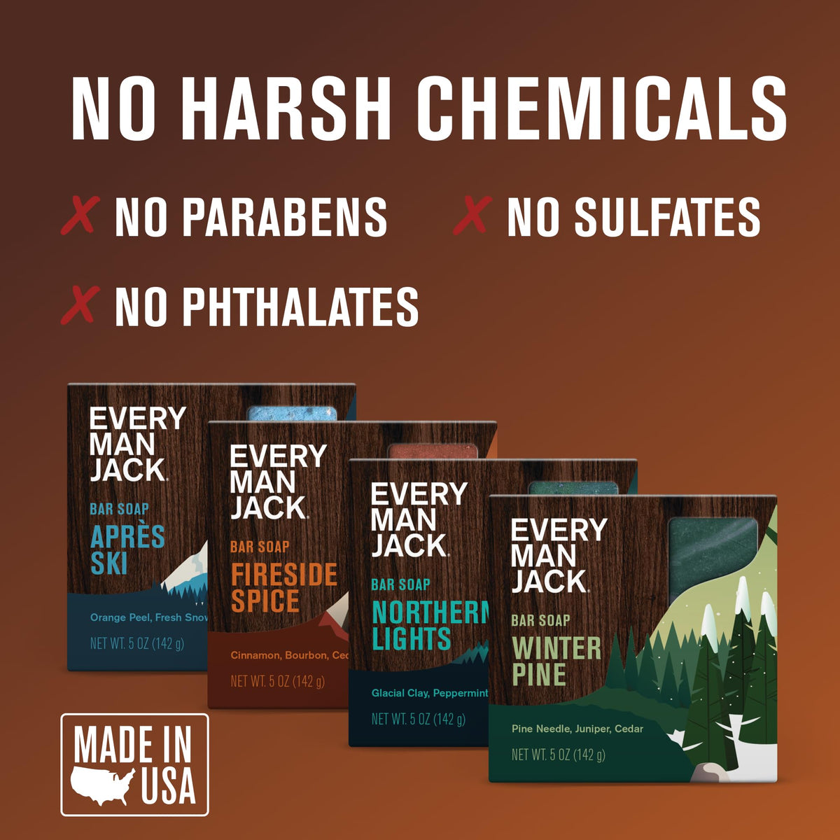 Every Man Jack bars arranged in a minimalist bathroom suggesting everyday grooming ease