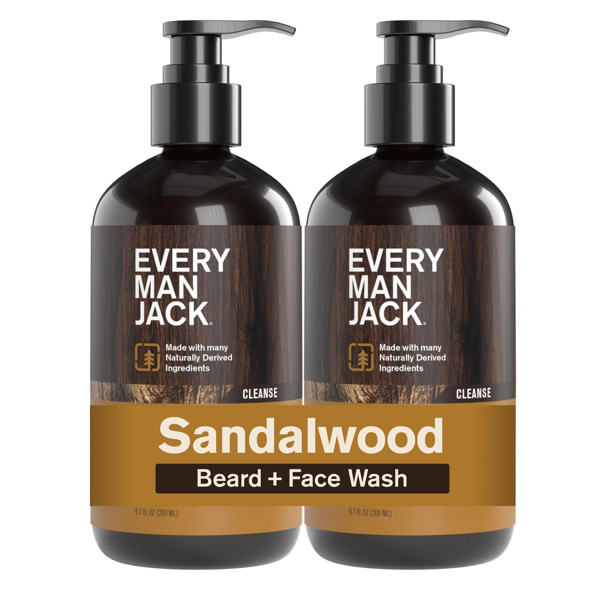 Every Man Jack front packaging showing 6.7 fl oz bottle, clear product branding and sandalwood scent
