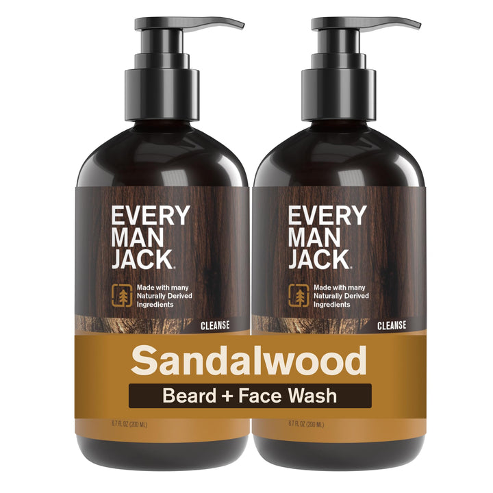Every Man Jack front packaging showing 6.7 fl oz bottle, clear product branding and sandalwood scent