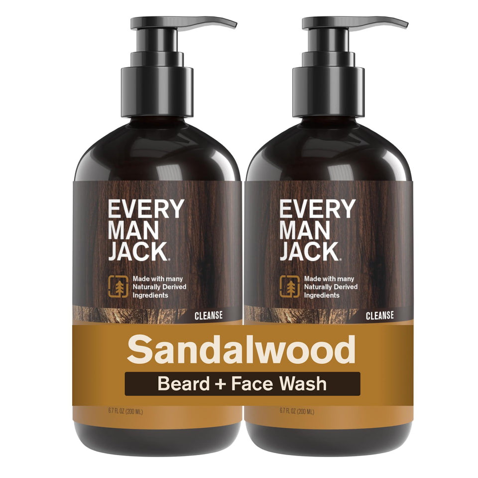 Every Man Jack front packaging showing 6.7 fl oz bottle, clear product branding and sandalwood scent