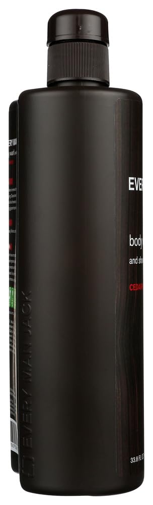 Every Man Jack pump and label close-up highlighting ingredient list and easy-dispense benefit