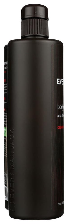 Every Man Jack pump and label close-up highlighting ingredient list and easy-dispense benefit
