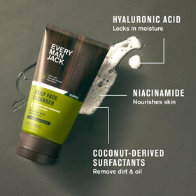 Every Man Jack bottle close-up label highlighting hyaluronic benefit