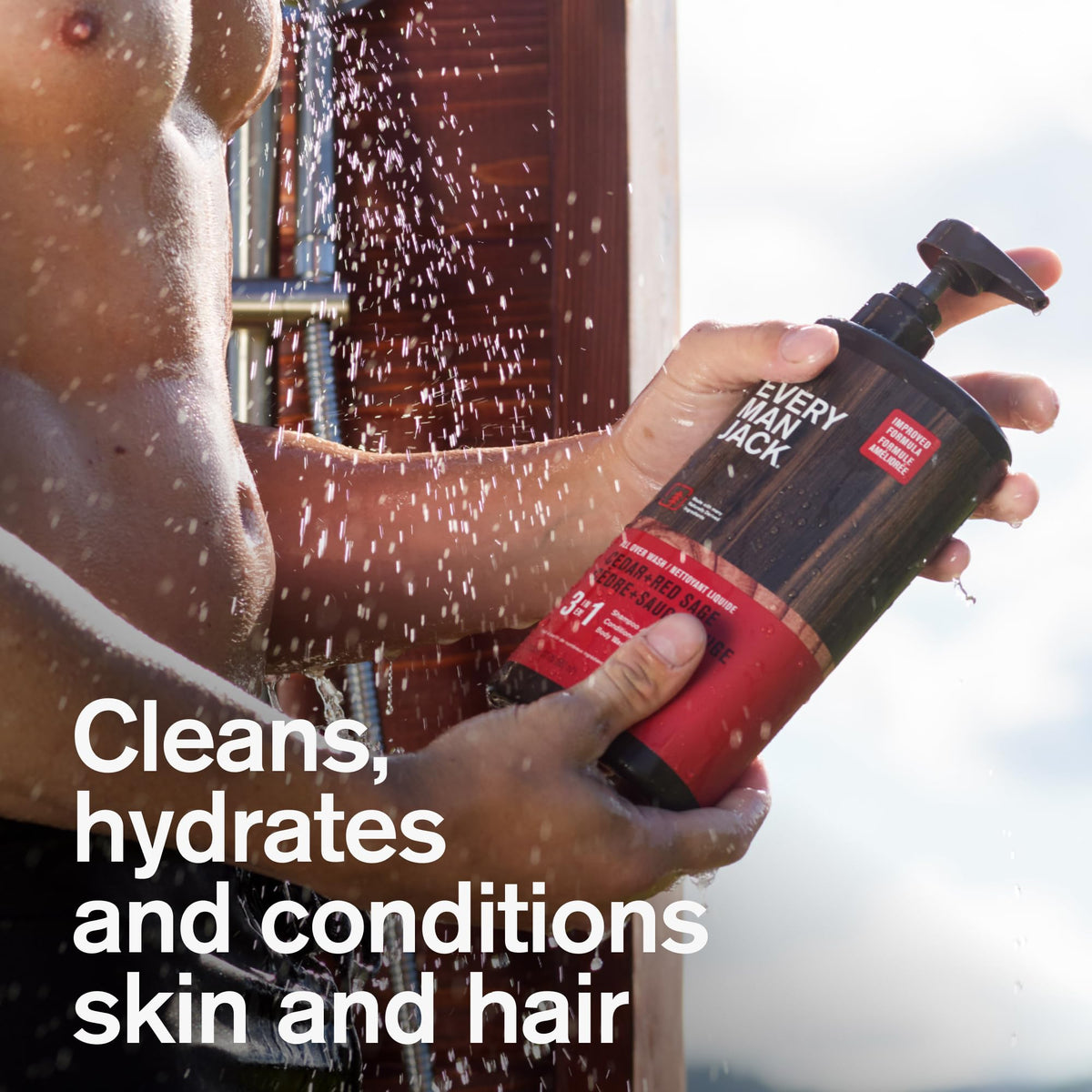 Every Man Jack bottle staged in shower to show in-use convenience and travel readiness