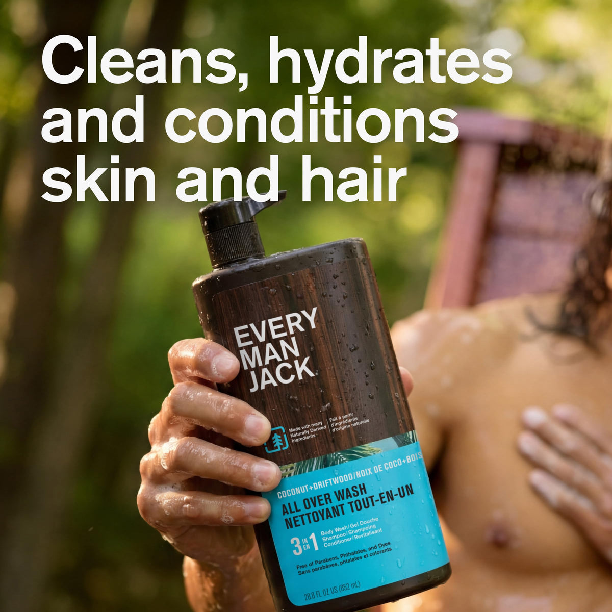 Every Man Jack bottle in shower highlighting durable packaging and convenient in-shower use