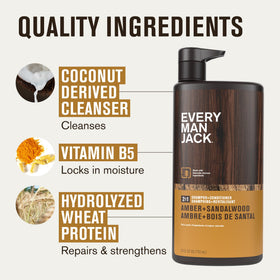 Every Man Jack bottle staged with matching grooming items showing scent layering benefit