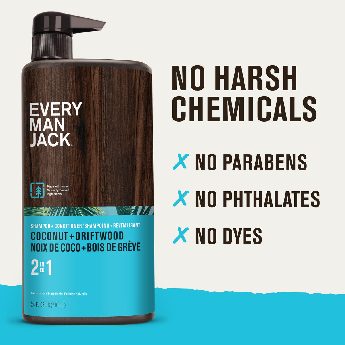Every Man Jack bottle with illustrated scent notes showing coconut and amber musk appeal