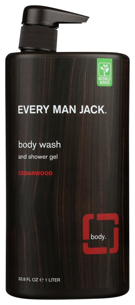 Every Man Jack cedarwood twin pack front packaging showing two 33 oz bottles and brand label benefits
