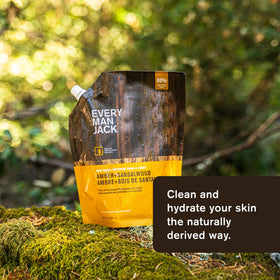 Every Man Jack closeup label highlighting naturally derived ingredients and transparency