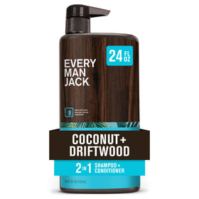 Every Man Jack front bottle view showing coconut driftwood scent and 24 oz size benefit