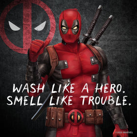 Every Man Jack Deadpool label detail highlighting logo and scent information for recognition