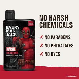Every Man Jack Deadpool bottle beside common water bottle for size comparison and portability