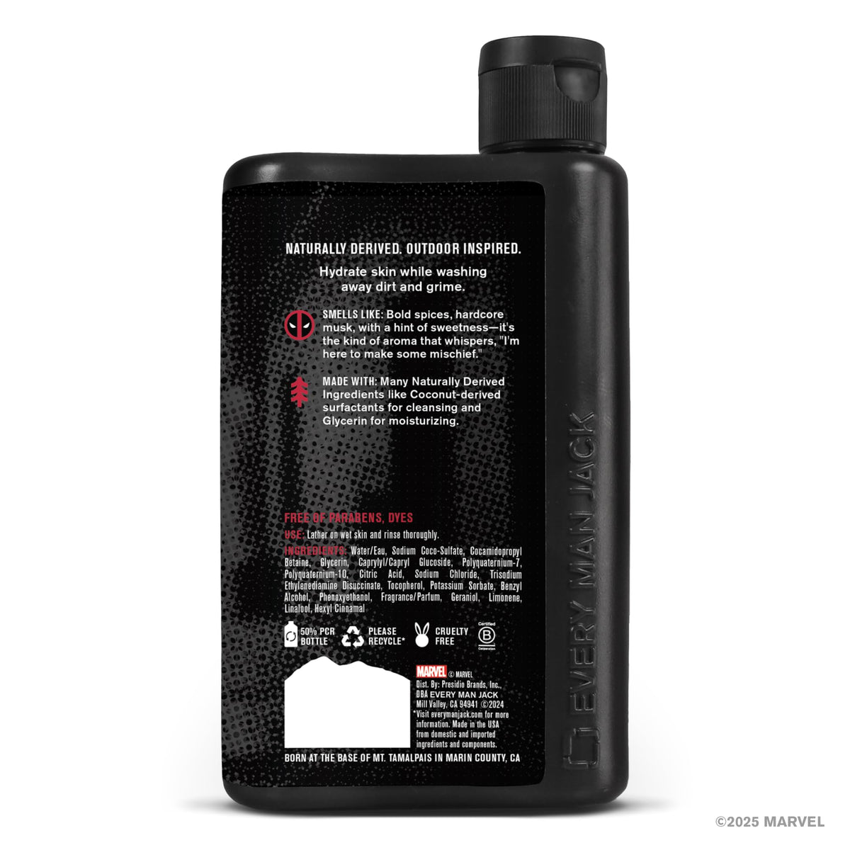 Every Man Jack Deadpool lifestyle shower scene with bottle in shower conveying daily use benefit