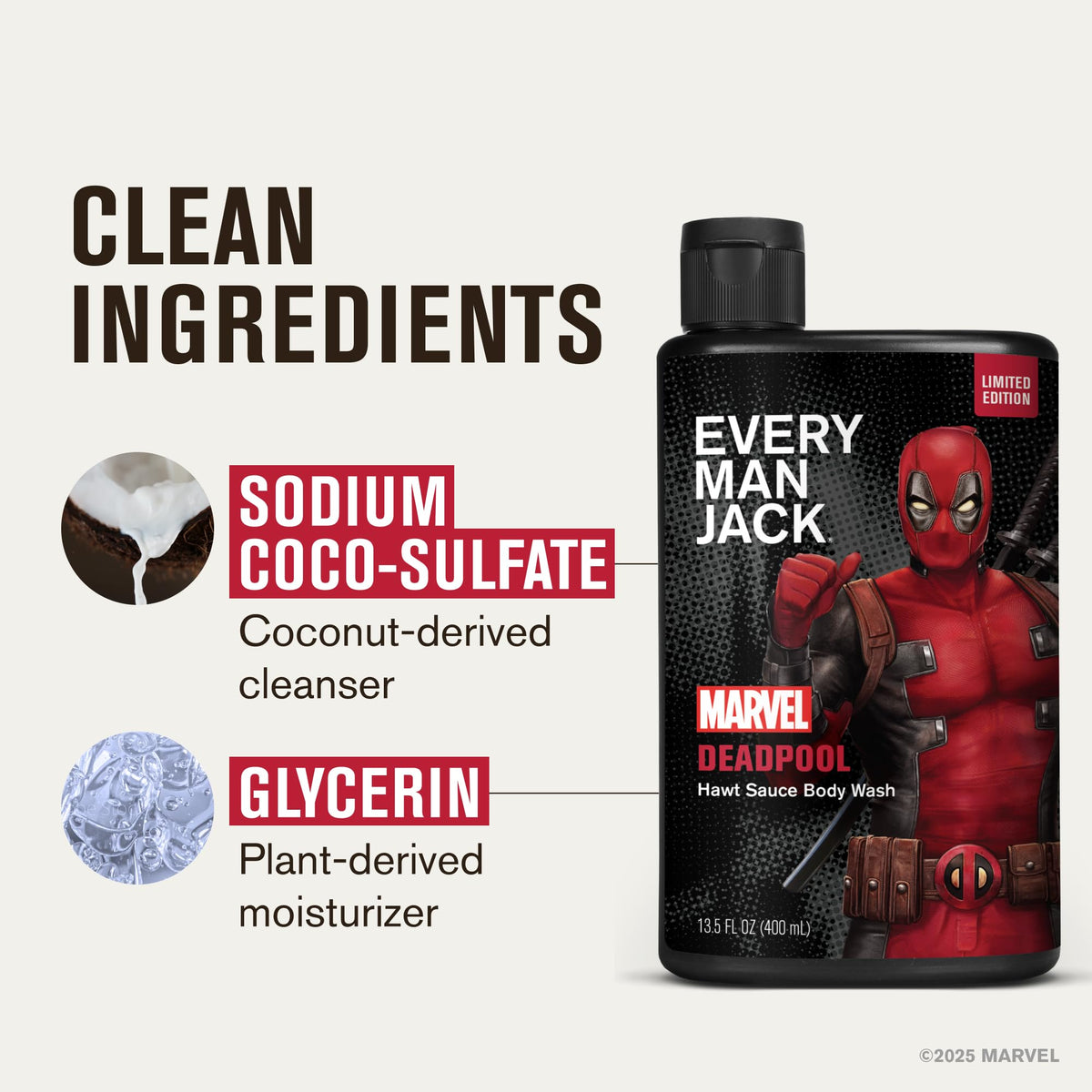 Every Man Jack Deadpool pump and cap closeup demonstrating easy dispensing and secure closure