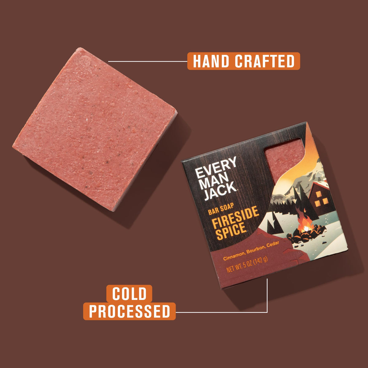 Every Man Jack Fireside Spice bar close-up highlighting warm tones and moisturizing finish