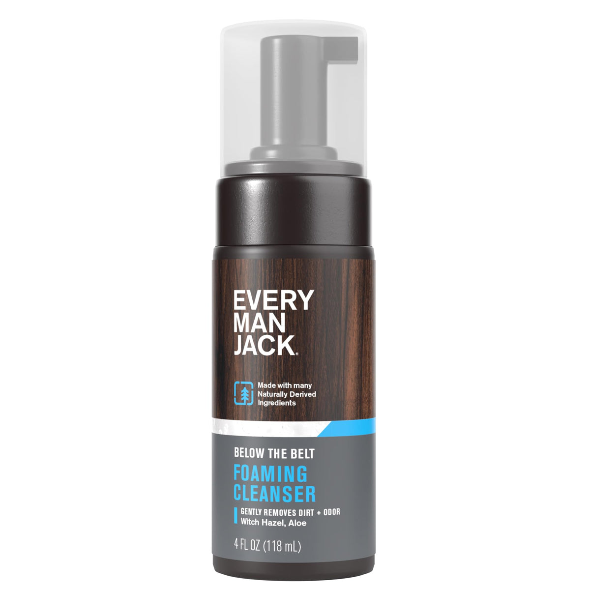 Every Man Jack front packaging showing compact 4 fl oz bottle and pump, convenient for travel