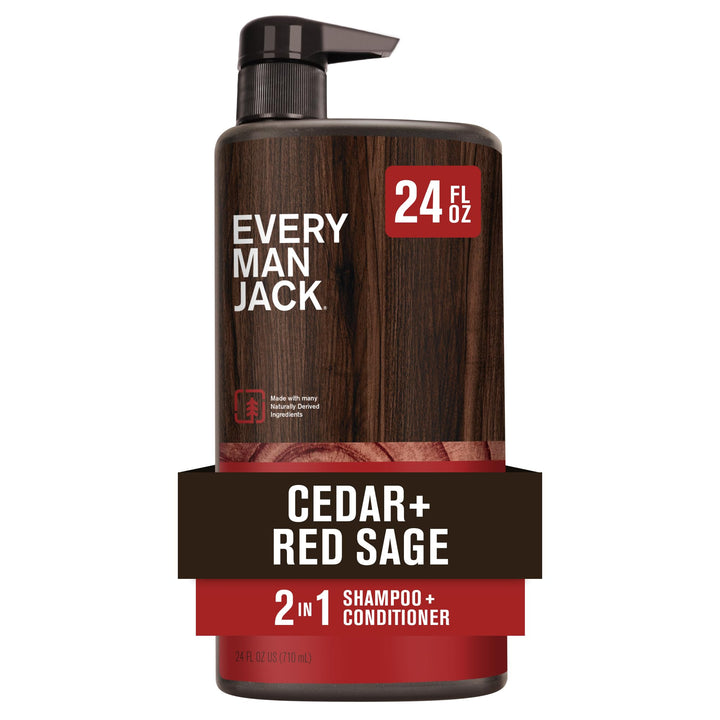 Every Man Jack front bottle showing cedar and red sage scent and easy use