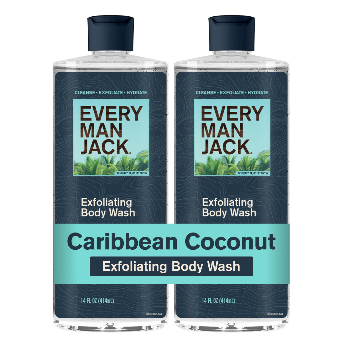 Every Man Jack front bottle showing Caribbean Coconut label and scent benefit