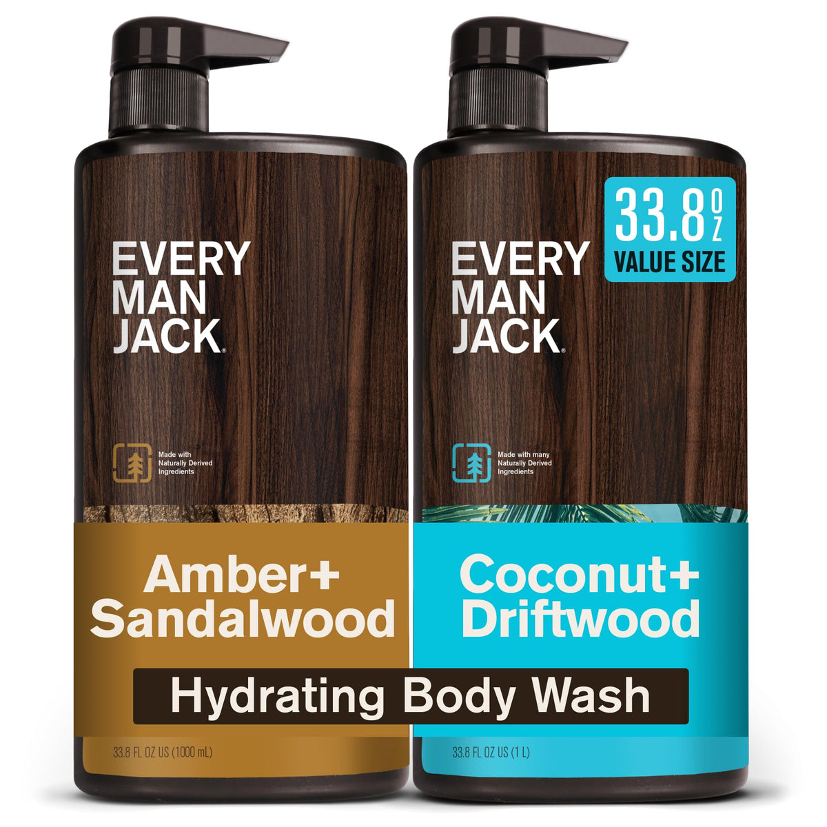 Every Man Jack front view of two-bottle pack showing labels and scent names, convenient value