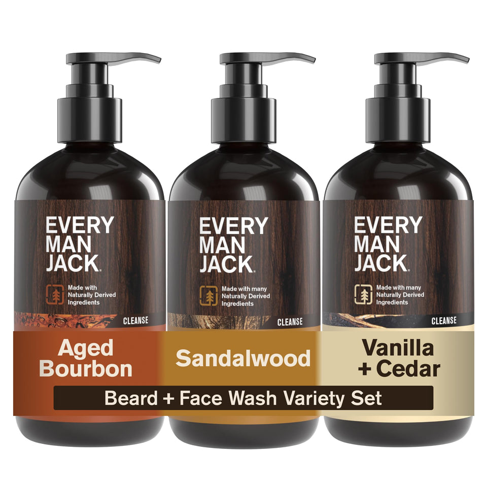 Every Man Jack front pack shot showing three bottles and product variety