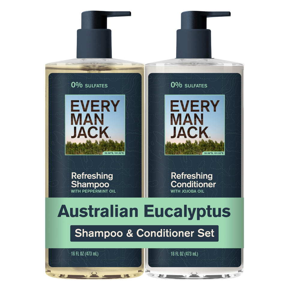 Every Man Jack front packaging showing eucalyptus scent and two-bottle value