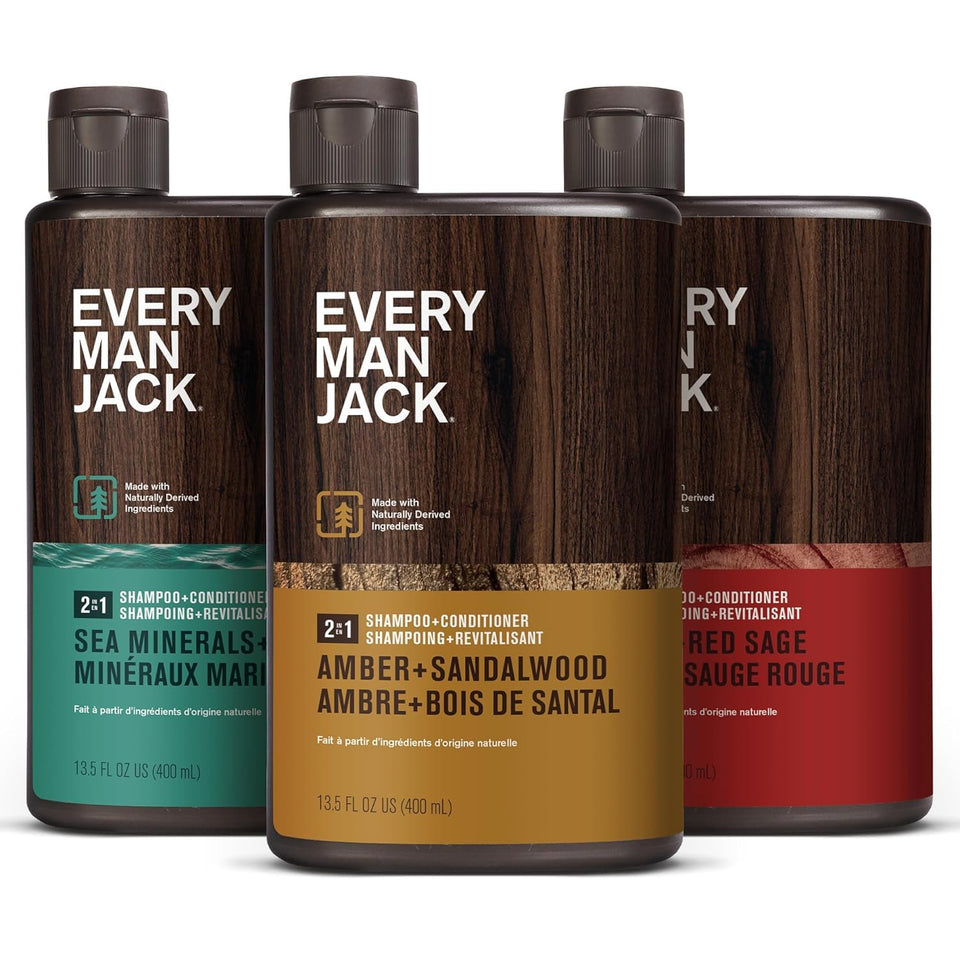 Every Man Jack three-bottle front view showing variety pack convenience